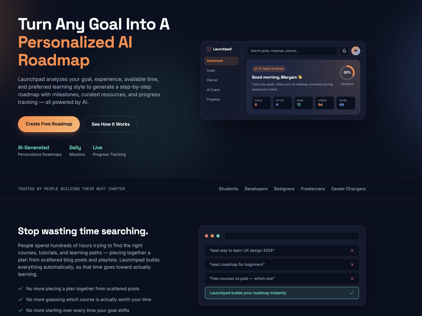 Launchpad by Maryam Hamrah — homepage for an AI career roadmap tool that turns goals into personalized learning plans