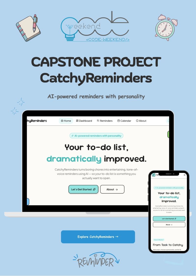 CatchyReminders by Rahimah Ansari — app card with a reminder list and playful AI reminder styles