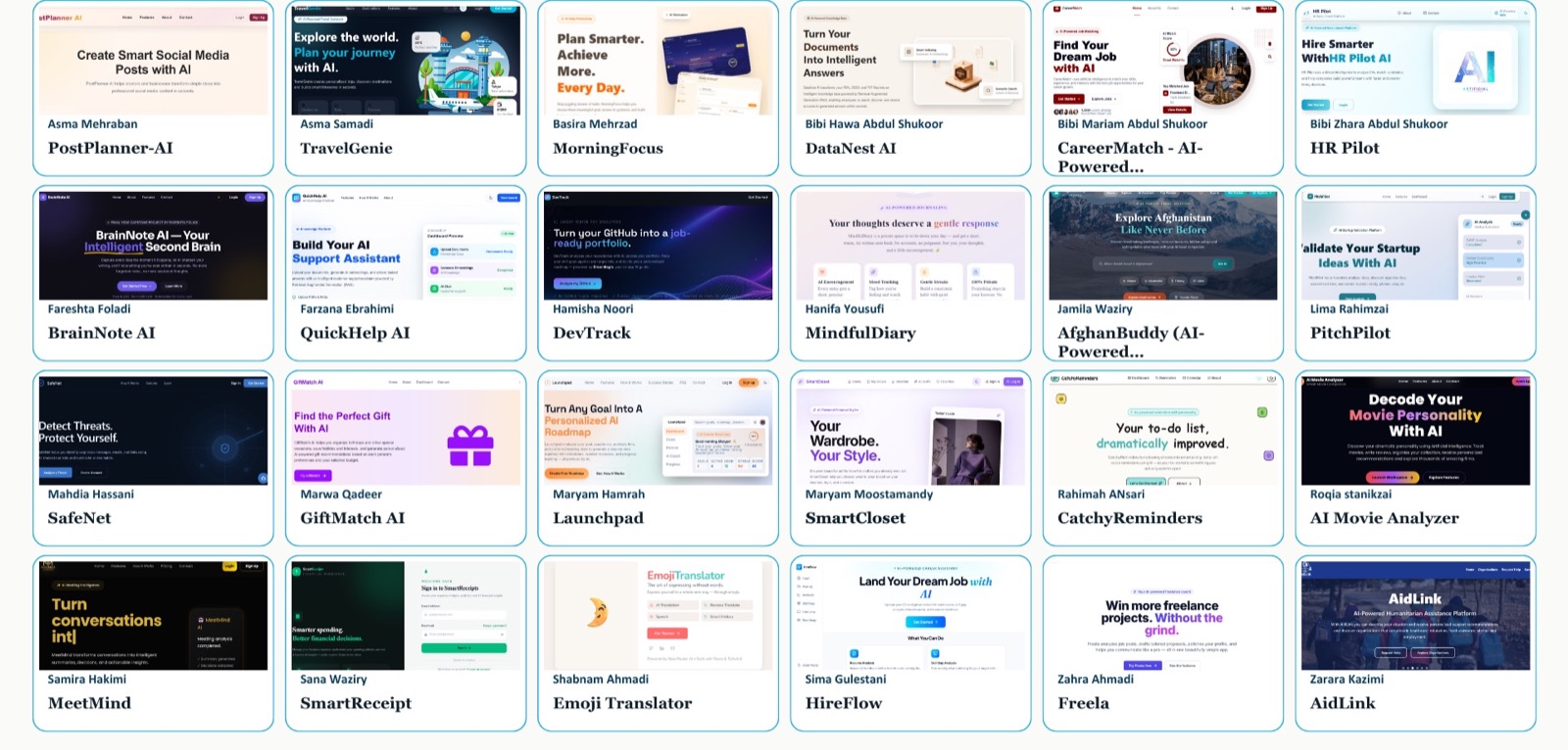 Grid of 24 capstone project screenshots from the 2026 cohort, each labelled with the student's name: PostPlanner-AI, TravelGenie, MorningFocus, DataNest AI, CareerMatch, HR Pilot, BrainNote AI, QuickHelp AI, DevTrack, MindfulDiary, AfghanBuddy, PitchPilot, SafeNet, GiftMatch AI, Launchpad, SmartCloset, CatchyReminders, AI Movie Analyzer, MeetMind, SmartReceipt, Emoji Translator, HireFlow, Freela, and AidLink