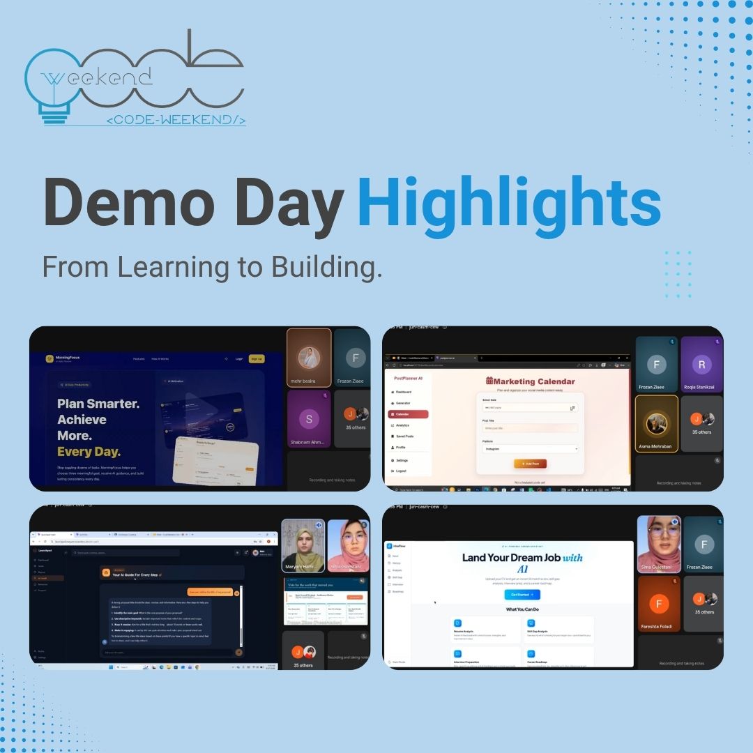 Demo Day Highlights collage: four live screen-shares from the online Demo Day showing student apps MorningFocus, PostPlanner AI, Launchpad, and HireFlow, with presenters and attendees in video tiles