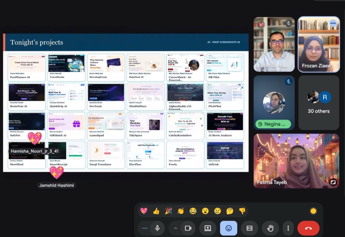 Online Demo Day 2026: a slide of graduates' apps next to video tiles of organizers, mentors, and graduates