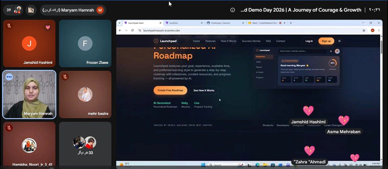 Maryam Hamrah presenting Launchpad during CodeWeekend Demo Day 2026, with attendees reacting in the video call