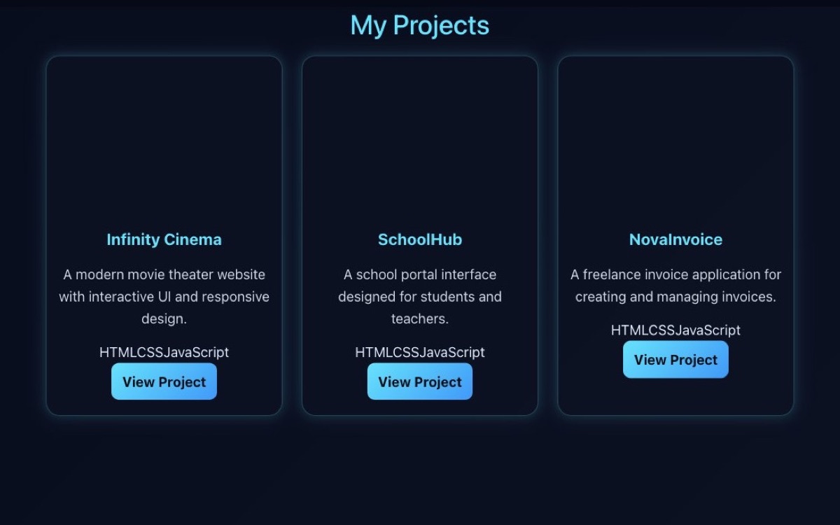 Lima Rahimzai's portfolio listing three earlier bootcamp projects: Infinity Cinema, a movie theater website; SchoolHub, a school portal; and NovaInvoice, a freelance invoice application