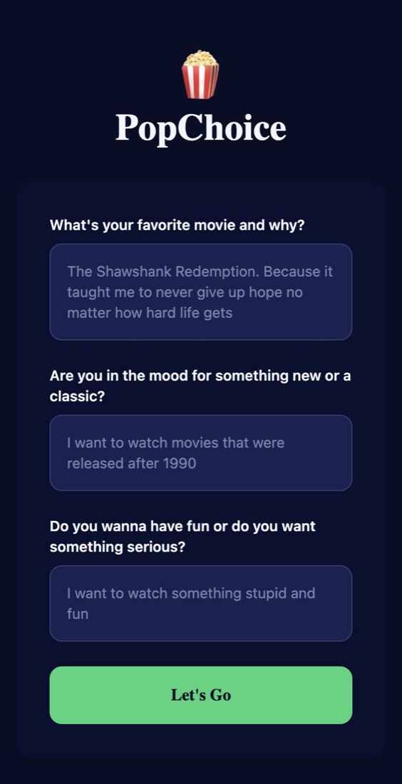 PopChoice movie recommendation app by Maryam Hamrah: three questions about favourite films and mood, and a Let's Go button