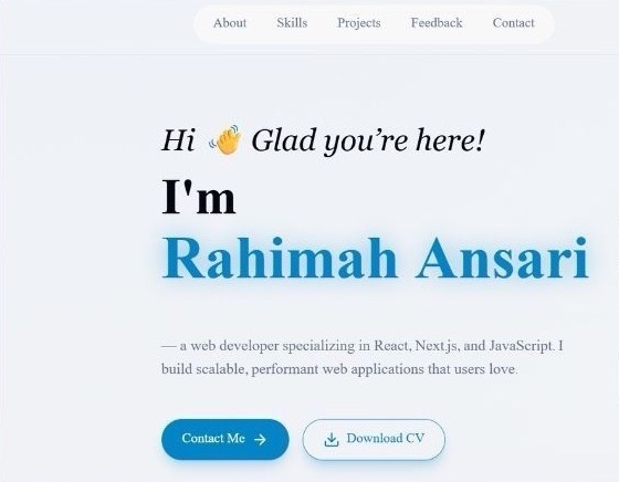 Rahimah Ansari's React developer portfolio: "Hi, glad you're here! I'm Rahimah Ansari"