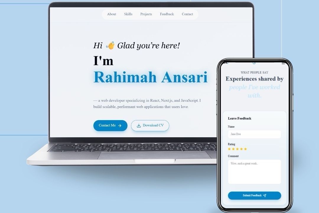 Rahimah Ansari's developer portfolio shown on a laptop and a phone, with a feedback form on the mobile view