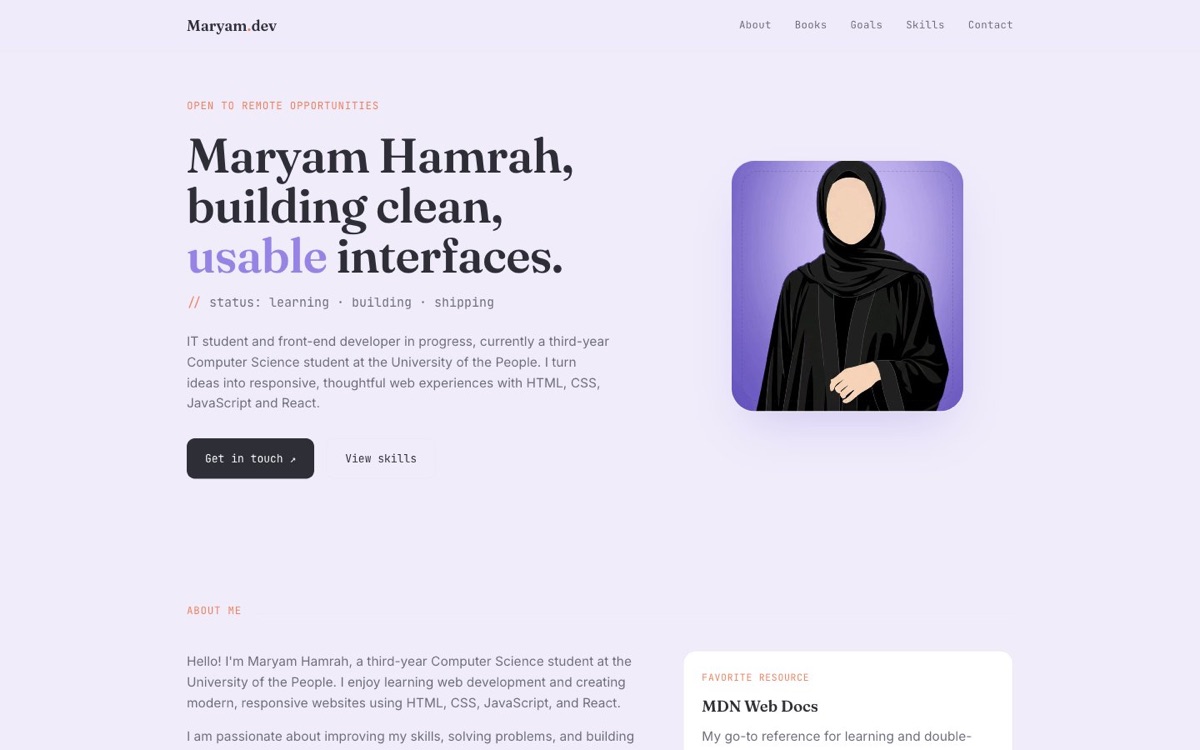 Maryam Hamrah's personal webpage: a hero introducing her as a front-end developer, with an illustrated portrait and an About section