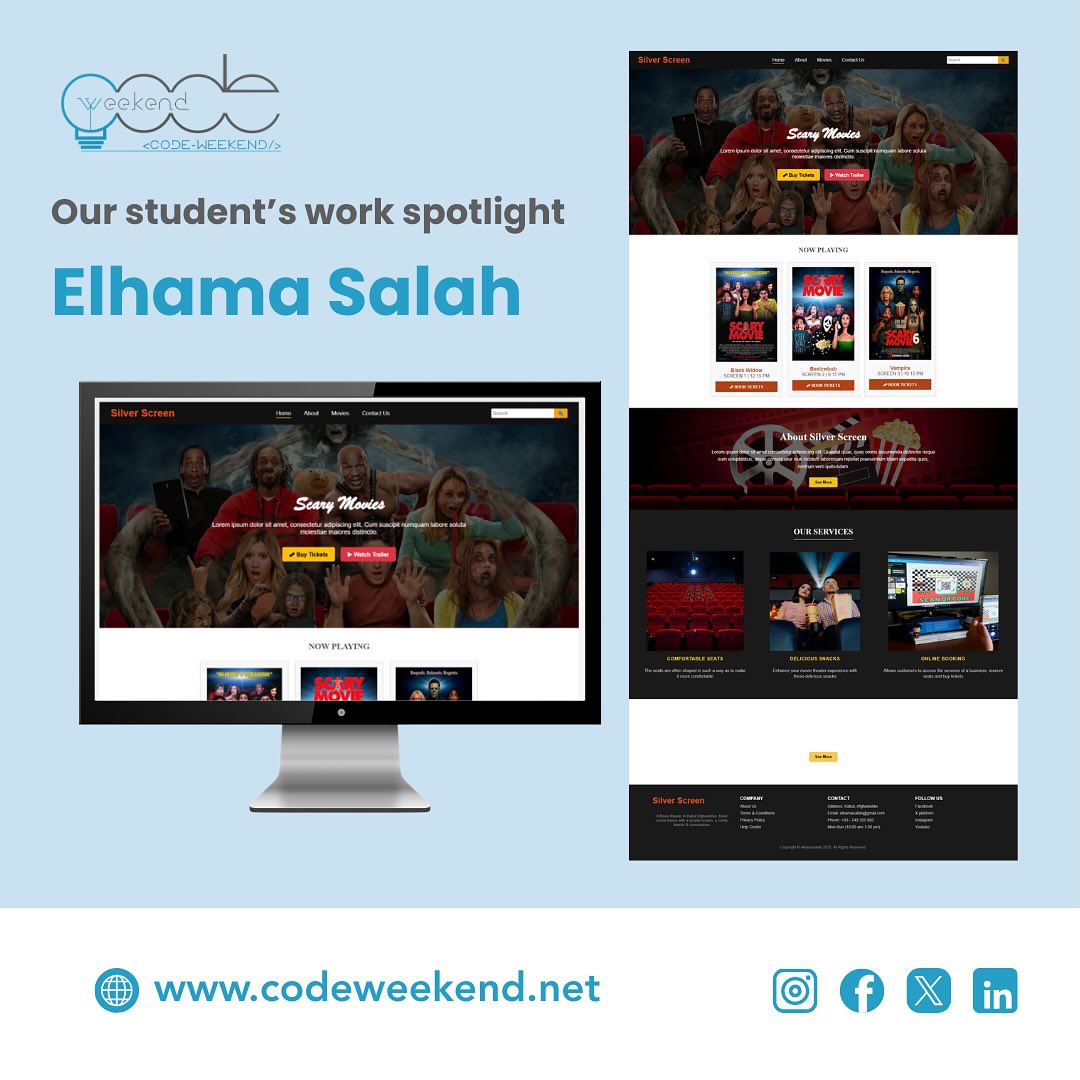 Student work spotlight for Elhama Salah: her Silver Screen movie website on a desktop monitor and as a full-page screenshot