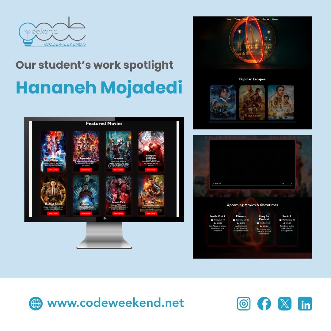 Student work spotlight for Hananeh Mojadedi: her dark-themed movie discovery website with featured titles, a trailer player, and showtimes